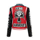 Women Leather Jacket Biker Motorcycle Coat Spring and Autumn Street Short Jacket Leather Coat Women's Long Sleeve Graffiti Red and Black Leather Coat