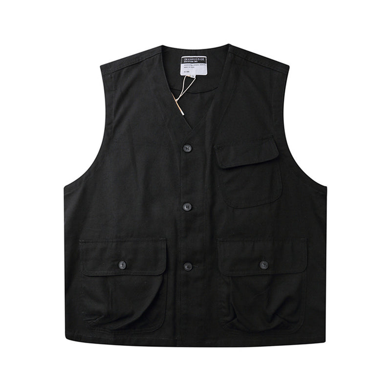 Men Sweater Vest Solid Color Multi-Pocket Leisure Cargo Vest Coat Men's Loose V-neck Sleeveless Tank Top