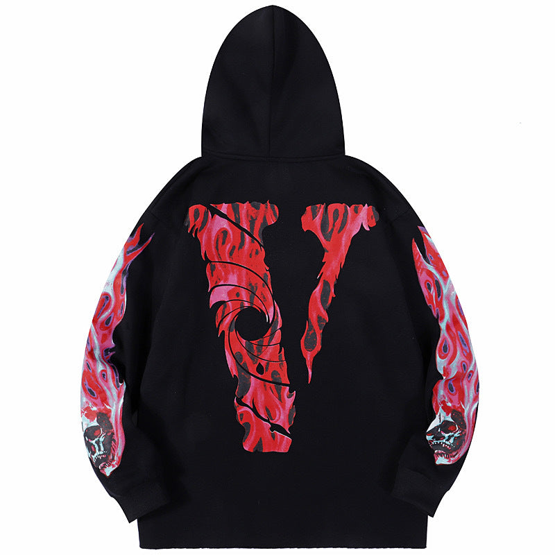 Bone Vlone Hoodie Flame Skull Velvet Padded Hooded Sweatshirt Men and Women Big V Hoodie Coat