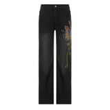 Julia Fox Low Rise Trousers Printed Retro Style Washed Jeans Casual