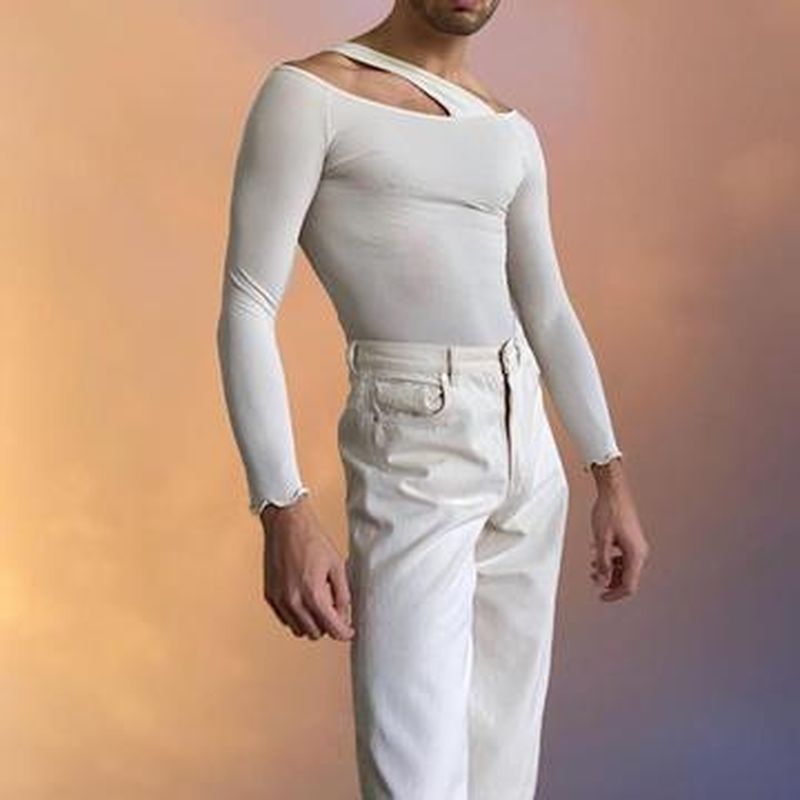 Rave Outfits Mens Long Sleeve Shirt Sexy Men's Fashion Solid Color Knitwear
