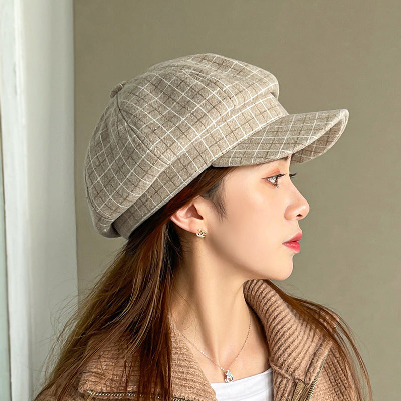 Check Beret Hat Autumn and Winter Beret Women's Casual Versatile Lattice