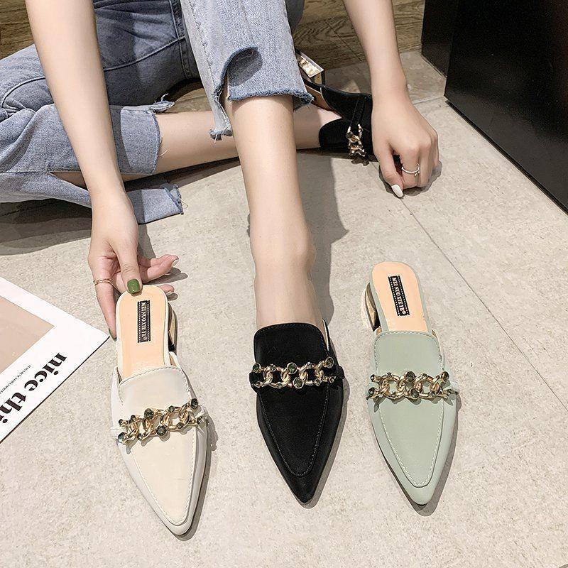 Finn Chain Pointed Toe Mule Spring Closed Toe Half Slippers Women's Low Heel Pointed-Toe Mules Shoes