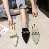Finn Chain Pointed Toe Mule Spring Closed Toe Half Slippers Women's Low Heel Pointed-Toe Mules Shoes