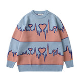 Mens Fall Outfits High Street Style Couple Wear Loose Contrast Color Love Striped Sweater