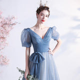 Women'S Evening Dress Ball Gown Princess Quinceanera Wedding Dresses Blue Starlight Deep V-Neck Puff Sleeve Banquet Host Evening Dress