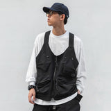 Men Sweater Vest Mechanical Style Solid Color Multi-Pocket Workwear Waistcoat Men's Loose-Fitting Vest Sleeveless Vest