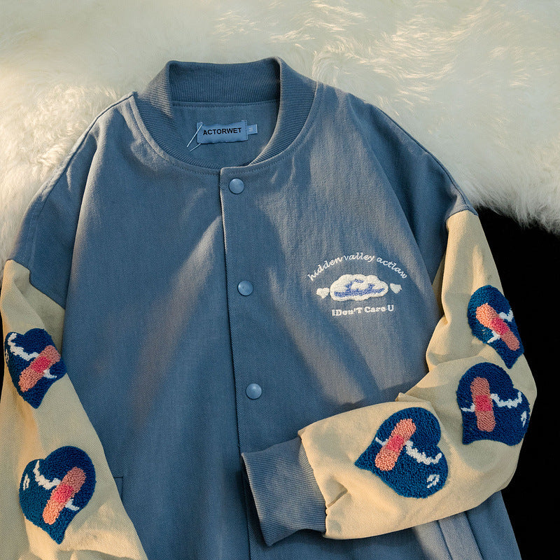 Baby Blue Varsity Jacket Baggy Coat Men and Women Autumn Baseball Uniform
