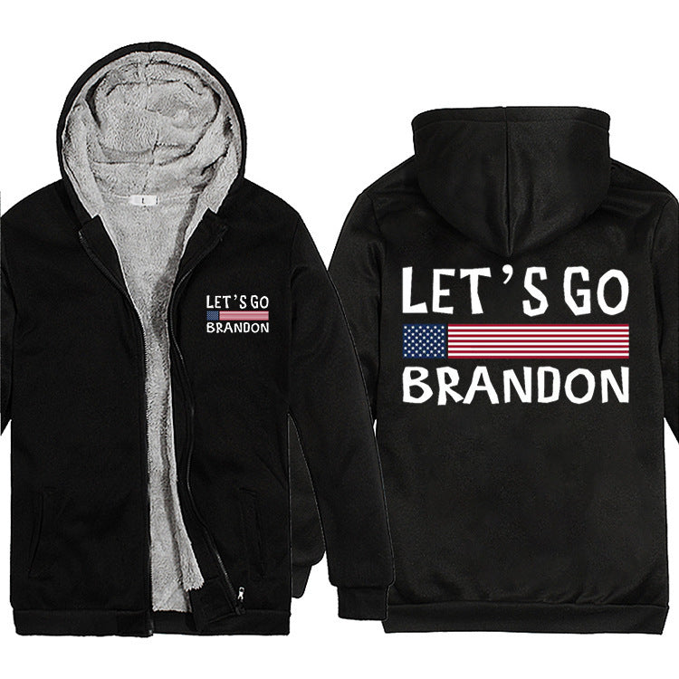Let's Go Brandon Hoodie English Letters Fashion Velvet Padded Thick Hooded Zipper Top