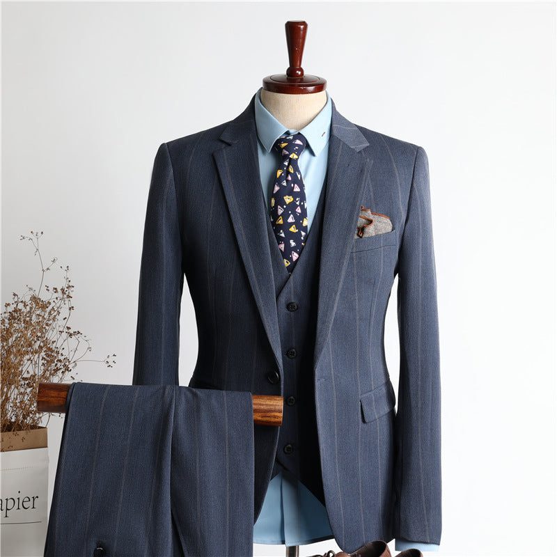 Bohemian Chic Wedding Guest Men Attire Suit Slim Fit Blue Three-Piece Set
