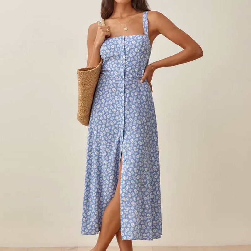 90S Outfits Summer Watermark Blue Floral Strap Dress