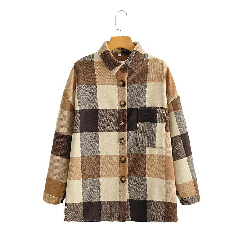 Women Fall Fall Two-Color Lapel Loose Casual Shirt Large Plaid Coat