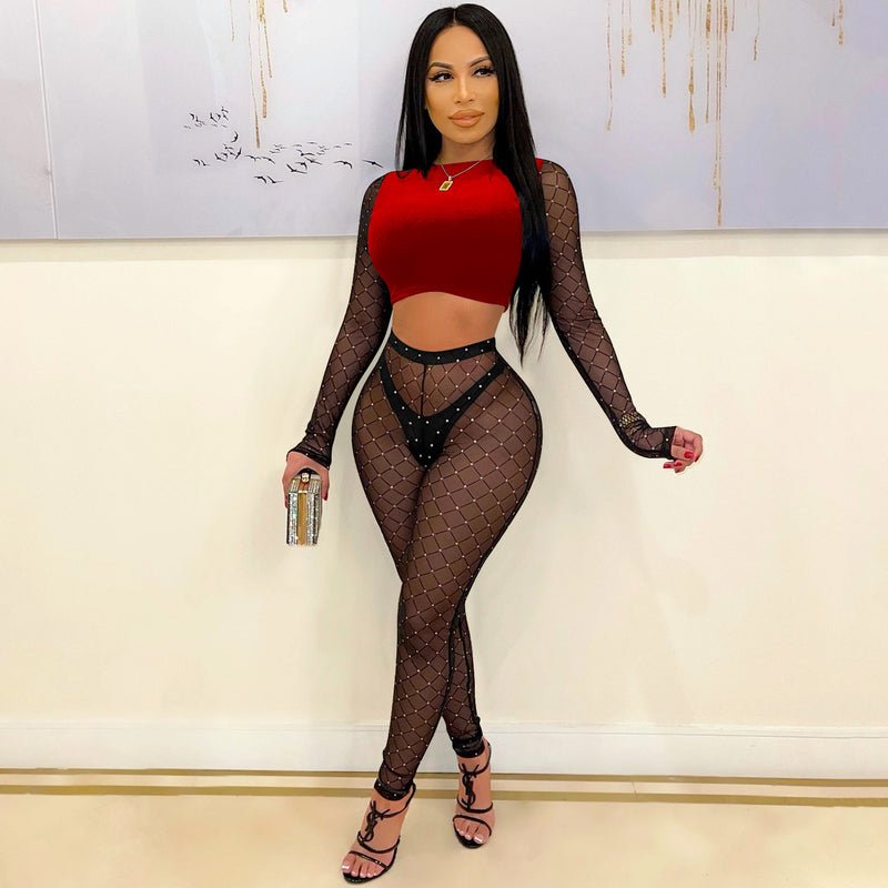 Party Pants Suits Women's Clothing Sexy Color Block Long Sleeve Short Top Mesh