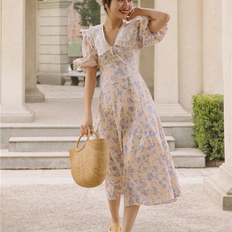 Women Cottagecore Dress Summer Vintage Skirt Dress Puff Sleeve Mid-Length Skirt