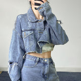 90S Outfits Autumn Winter Retro Street Style Ripped Denim Short Coat