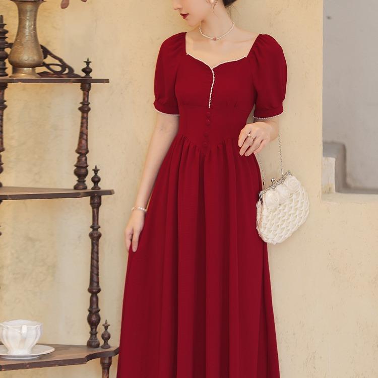 Women Cottagecore Dress Hepburn Style Red Dress Design Sense Summer Formal Dress