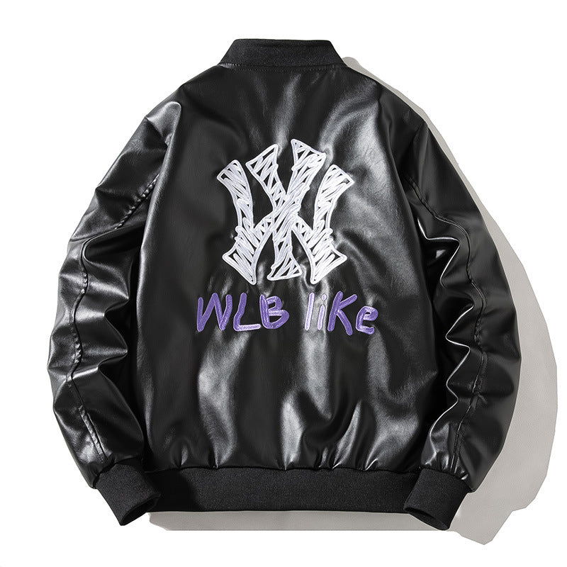Graphic Leather Jacket Women's Spring and Autumn Air Force Flight Suit Leather Men's Baseball Collar PU Leather NY MLB Couple Jacket