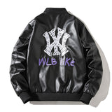 Graphic Leather Jacket Women's Spring and Autumn Air Force Flight Suit Leather Men's Baseball Collar PU Leather NY MLB Couple Jacket