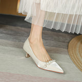 Nude Block Heels Closed Toe Women's Spring Satin High Heels