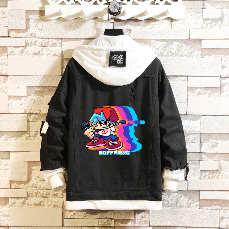 Comic Denim Jacket Man and Woman Cartoon Patterned Denim Jacket