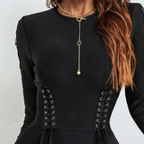Winter Formal Dresses Tight Waist Sheath Long Sleeve Dress Black Waist Skirt