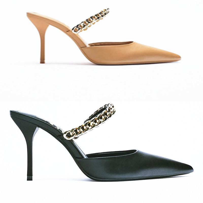 Finn Chain Pointed Toe Mule Closed Toe Sandals Women's Summer Stiletto Heel Pointed-Toe Semi-Slippers