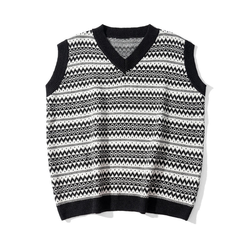Men Sweater Vest Contrasting Color Jacquard Sweater Vest Vest Men's BF Idle Style Loose V-neck Sleeveless Sweater Coat