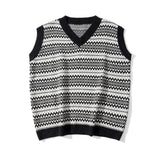 Men Sweater Vest Contrasting Color Jacquard Sweater Vest Vest Men's BF Idle Style Loose V-neck Sleeveless Sweater Coat