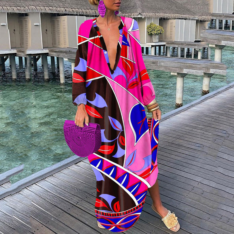 Nina Parker Graffiti Dress Long Sleeve Skirt Button Loose Dress