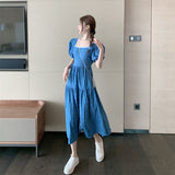 Aesthetic Dress Summer Dress Blue Square Collar Backless Dress