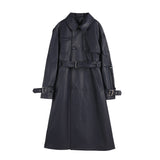 Cute Leather Jacket Autumn And Winter Navy Blue Leather Wind Coat Mid-Length Women'S Elegant British Style Waist Trimming Coat