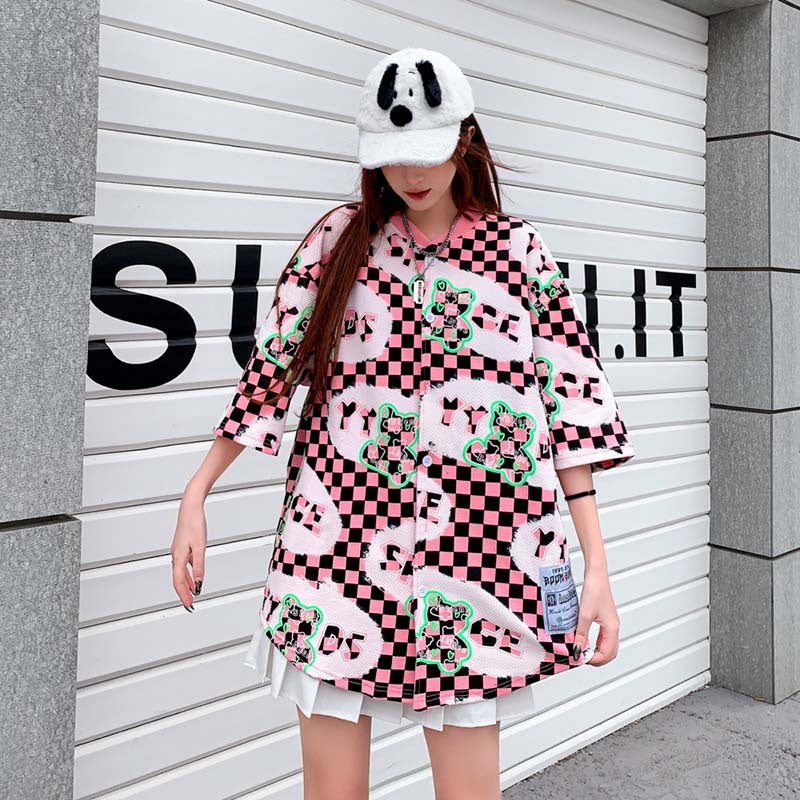 Baggy Baseball Jersey Cartoon Printed Shirt Men's and Women's Loose Casual Baseball Uniform