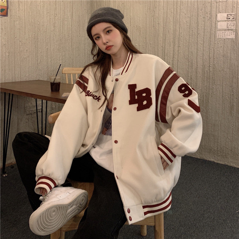 White Varsity Jacket Girl Spring and Autumn Clothes Student Versatile Top Baseball Uniform