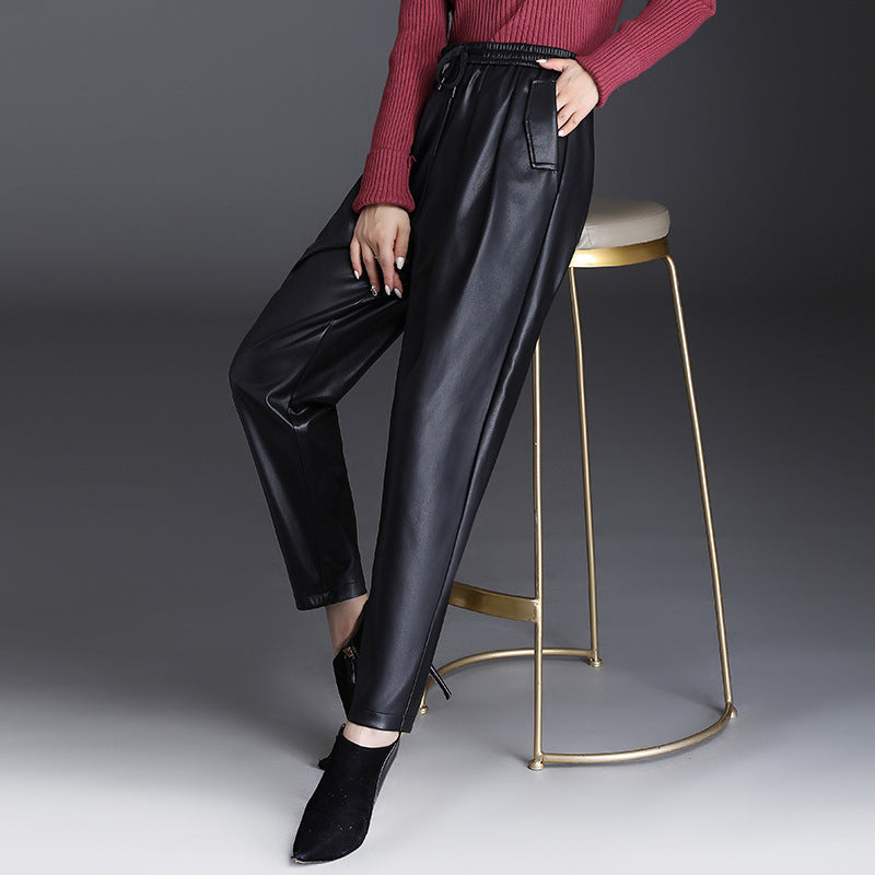 Brown Leather Pants Women's Elastic Waist Harem Pants Autumn and Winter Casual Pants