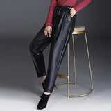 Brown Leather Pants Women's Elastic Waist Harem Pants Autumn and Winter Casual Pants