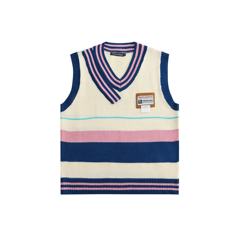 Men Sweater Vest Contrast Color Stripes V-neck Sweater Waistcoat Men's BF Idle Style Loose Underwaist Tank Sleeveless Sweater Coat