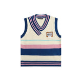 Men Sweater Vest Contrast Color Stripes V-neck Sweater Waistcoat Men's BF Idle Style Loose Underwaist Tank Sleeveless Sweater Coat