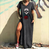 Skull Dress Amoi Printed Street V-neck Fashion Short Sleeve Loose Dress