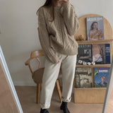 90S Outfits Winter Ins Warm Retro Twist Outer Wear round Neck Loose Pullover Knitted Sweater