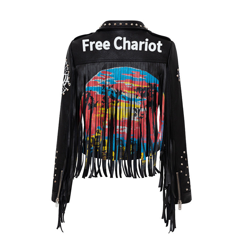 Punk Rock Jacket Short Leather Jacket Graffiti Women's Coat