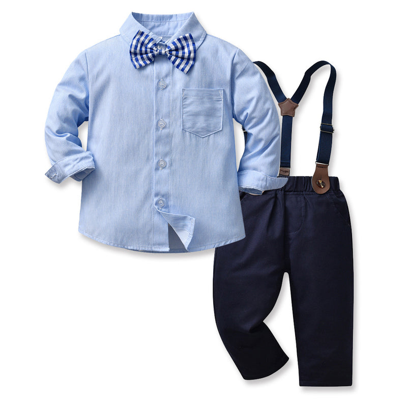 Children Boy Formal Shirt & Suspender Pants 2 Piece Set Autumn Boy Long Sleeve Cotton Shirt