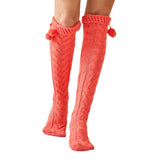 Winter Chunky Cable Thick Knit Thigh High Socks Long Stockings Boot Knitted Garter Fur Ball over the Knee Stockings Woolen Yarn Socks