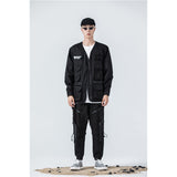 Black Varsity Jacket Autumn and Winter Cargo Pants Long Sleeve Hip Hop Multi-Pocket Dark Mechanical Style Jacket Coat