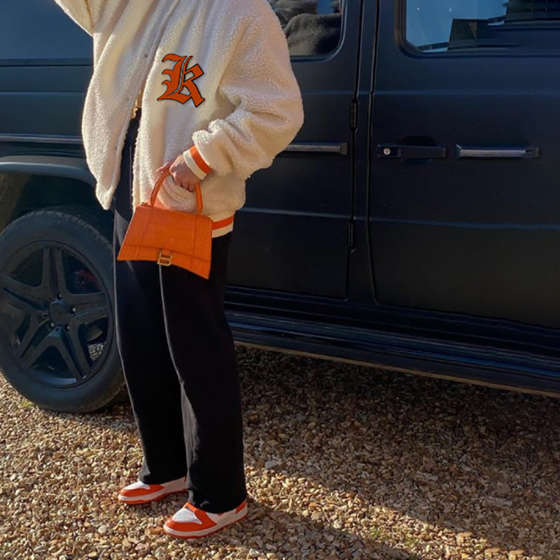 Brown Cropped Varsity Jacket  DA 5347b embroidered contrast stitching lamb velvet jacket