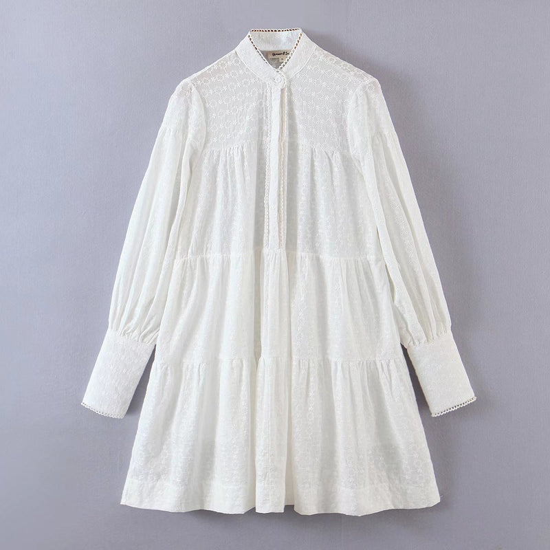 Women Fall Fall Embroidered Small Stand-up Collar Puff Sleeve Mini Dress