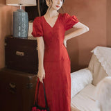 Women Retro Cottagecore Vintage Dress Square Collar Dres Slimming V-Neckline Short Sleeved Red Vacation Beach Dress