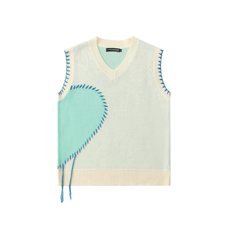 Men Sweater Vest Hand Stitching Color Matching Sweater Waistcoat Men's Brand Loose V-neck Sleeveless Sweater Vest