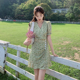 Aesthetic Dress Summer Puff Sleeve Retro Green Short Skirt for Women