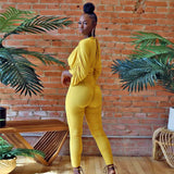 Solid Color Deep V Lace-up Pleating Long Sleeve Tight Trousers Jumpsuit for Women