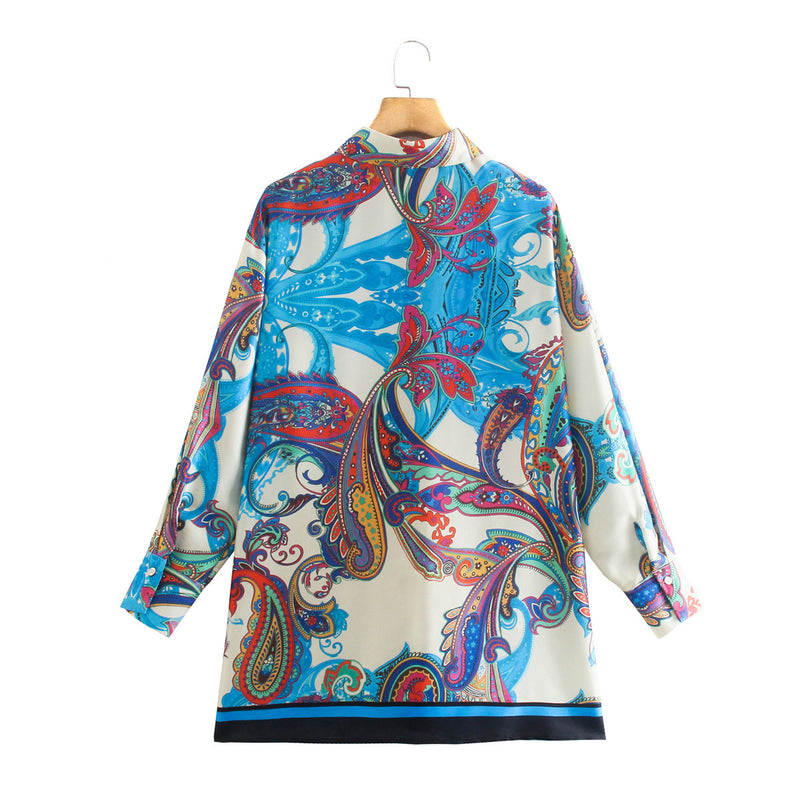 Women Fall Fall Satin Textured Loose Shirt Printed Mid-Length Top
